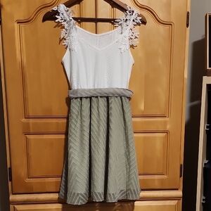 White and Olive Green Lace Dress